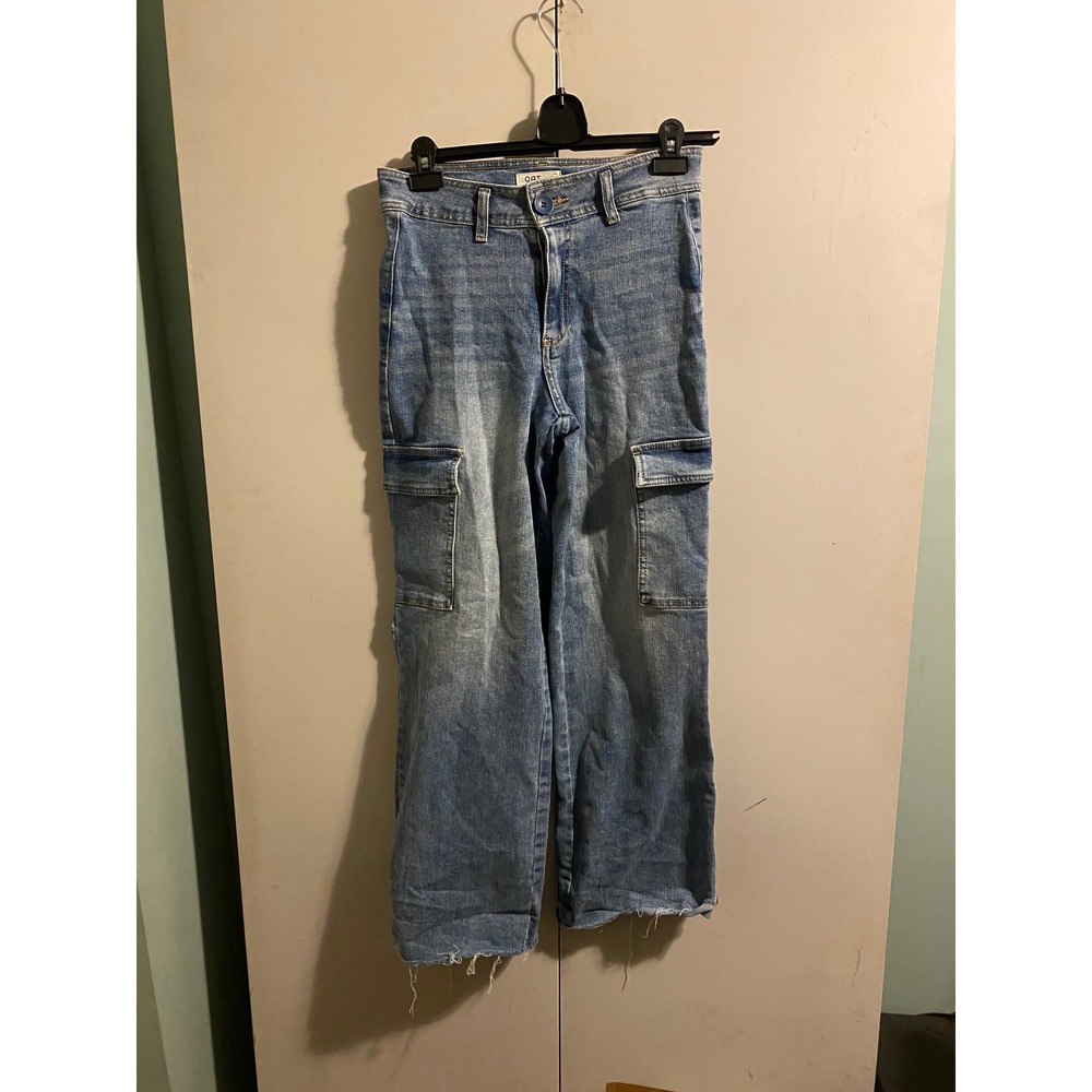 OAT New York Cargo Jeans Womens 27 Blue Good Wide Leg High Rise Raw Hem